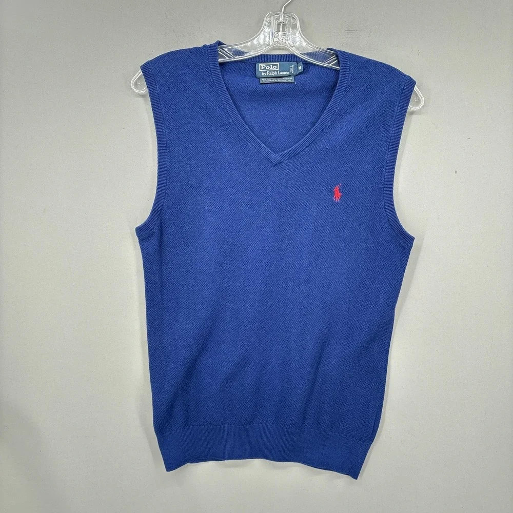 Polo Ralph Lauren Sweater Vest Mens Medium Blue Cotton Cashmere‎ V Neck Vintage
